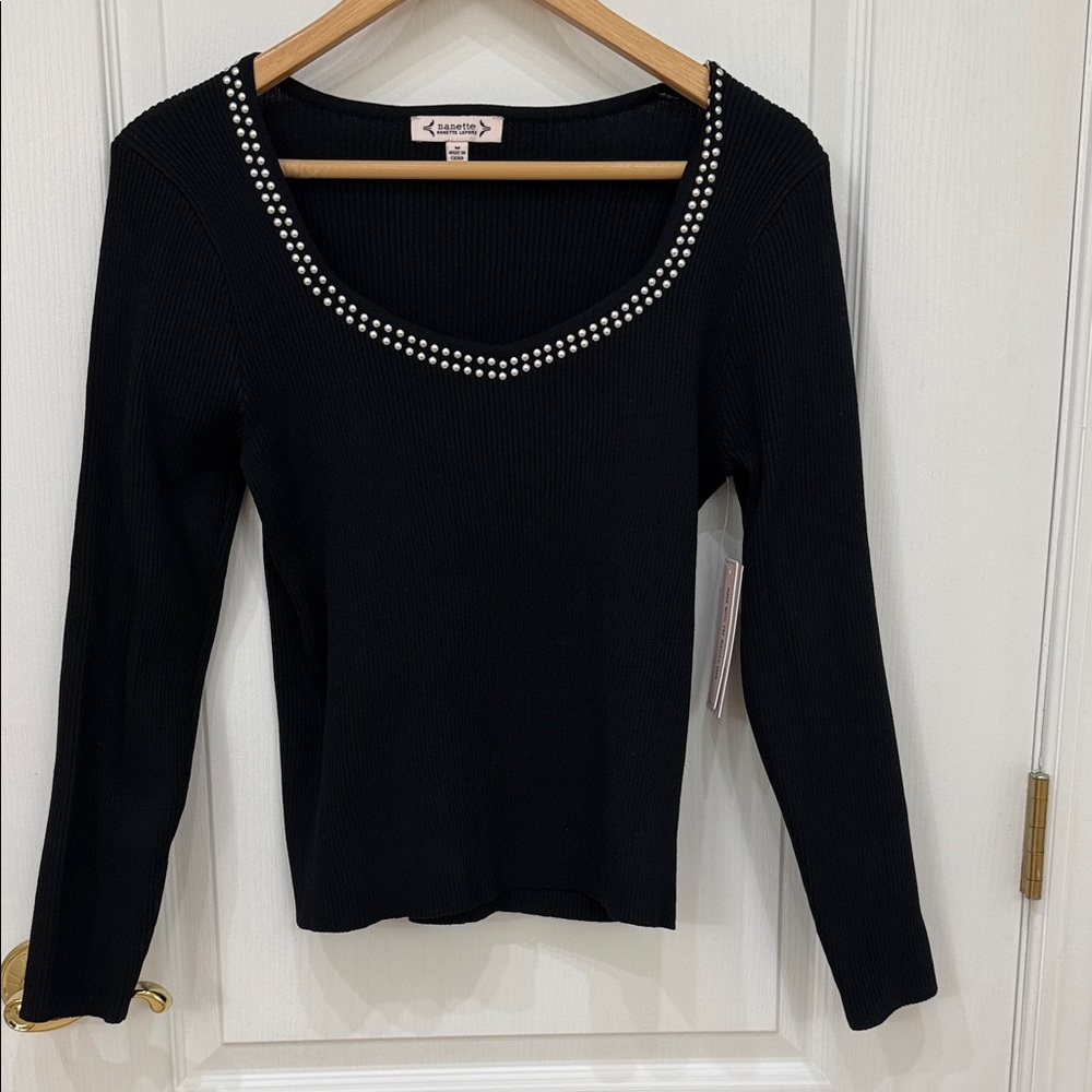 Nanette Lepore Black Long Sleeve Top with Studded Neckline